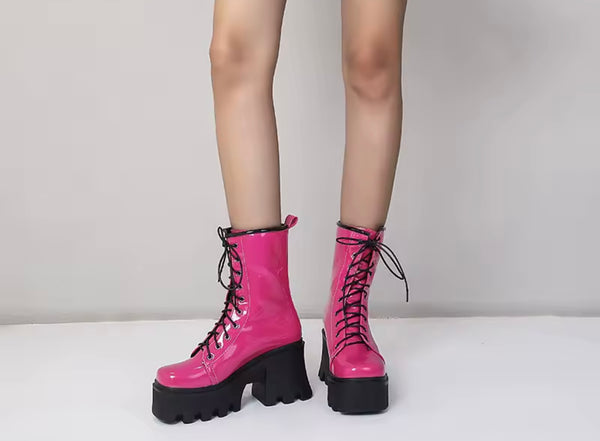 Women Fashion Patent Leather Lace Up Platform Ankle Boots