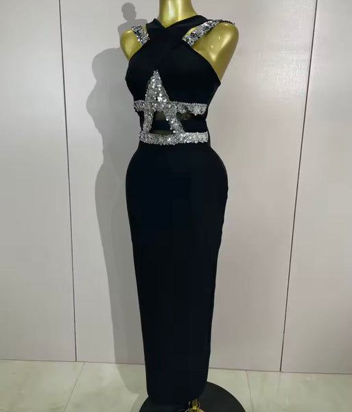 Women Black Sequins Sleeveless Sexy Maxi Dress