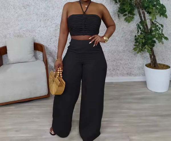 Women Halter Sleeveless Ruched Fashion Two Piece Pant Set