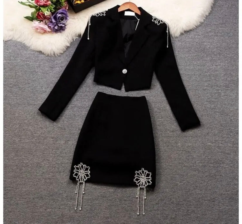 Women Sexy Full Sleeve Rhinestone Bling Two Piece Blazer Skirt Set