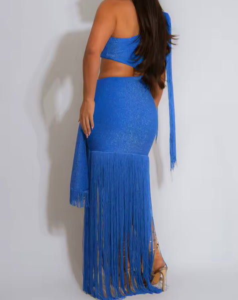 Women Sexy One Shoulder Cut Out Fringe Tassel Maxi Dress