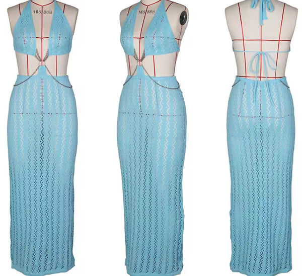 Women Sexy Chain Halter Sleeveless Knitted Maxi Dress
