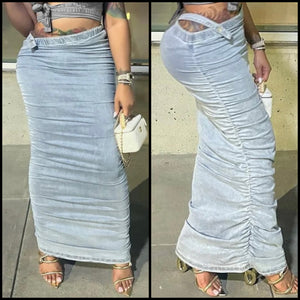 Women Ruched Fashion Denim Maxi Skirt
