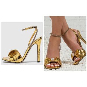 Women Gold Pearl Fashion High Heel Ankle Strap Sandals