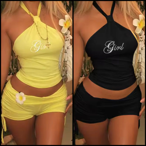 Women Halter Sleeveless Bling Letter Print Two Piece Short Set