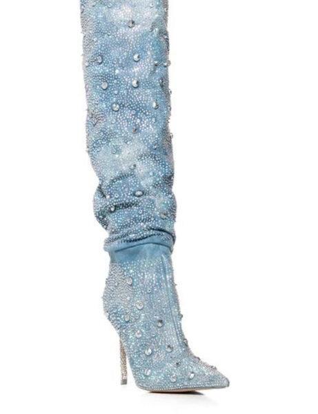 Women Fashion Ruched Bling Rhinestone Knee High Denim Boots