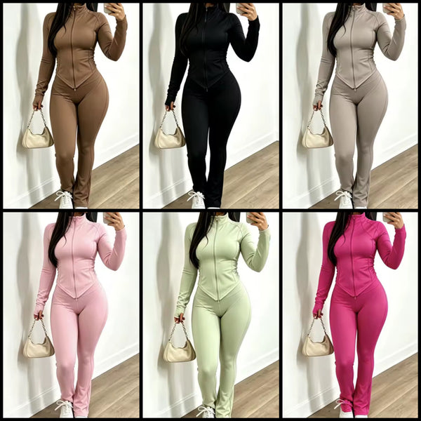 Women Fashion Color Zip Up Headband Three Piece Pant Set