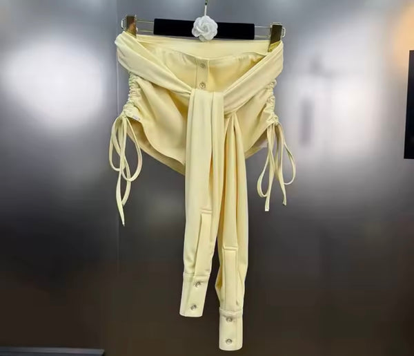 Women Sexy Sleeveless Yellow Tie Up Two Piece Short Set