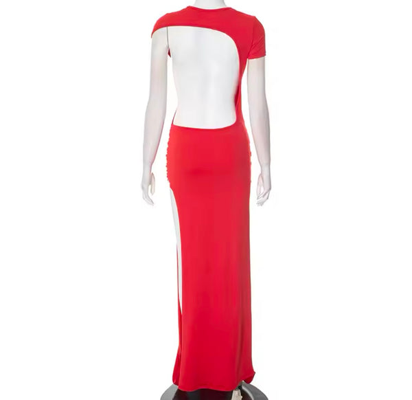 Women Sexy Red Short Sleeve Open Back Side Split Maxi Dress