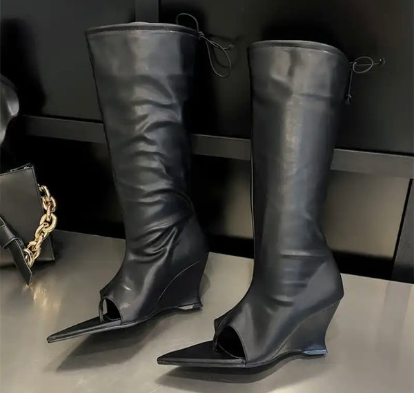 Women Fashion Pointed Open Toe Platform Wedge Knee High Boots