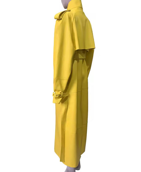 Women Fashion Yellow Belted Button Up Faux Leather Trench Jacket
