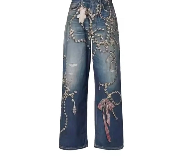Women Rhinestone Chain Bow Fashion Denim Pants