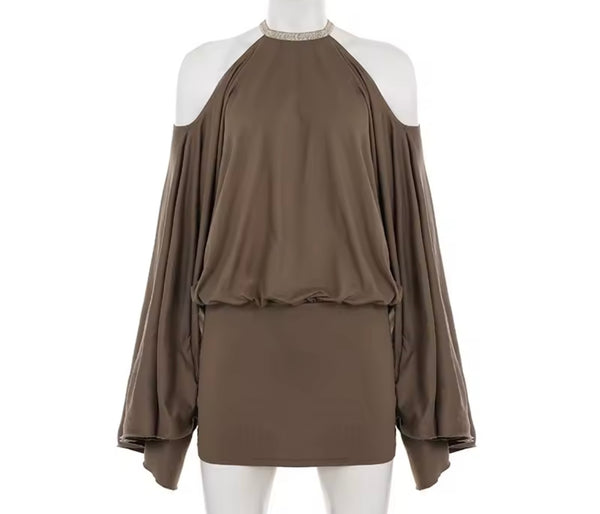 Women Brown Sexy Halter Open Back Butterfly Ruched Dress