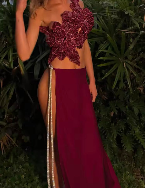 Women Sexy Floral Sleeveless Two Piece Side Split Skirt Set
