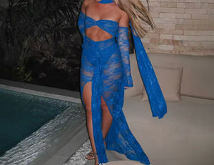 Women Sexy Blue Lace Swimsuit Cover Up Set