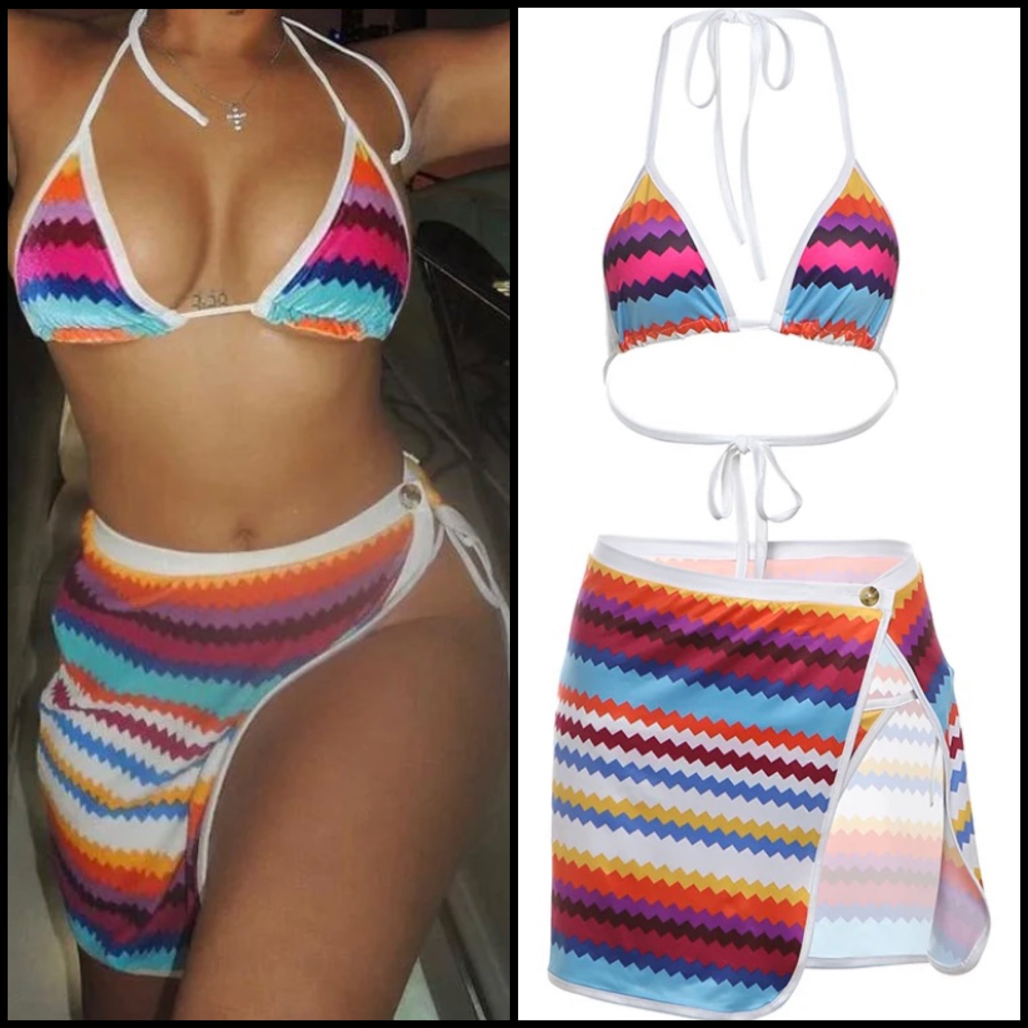 Women Sexy Multicolored Striped Halter Thong Three Piece Skirt Set