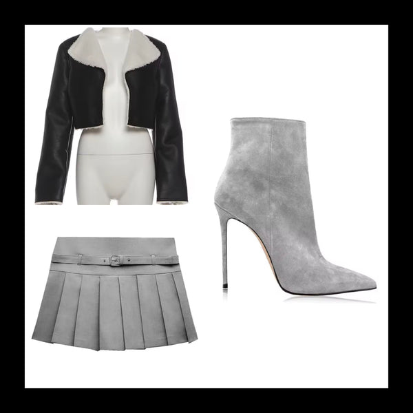 Women Fashion Faux Leather Jacket Two Piece Pleated Skirt Set
