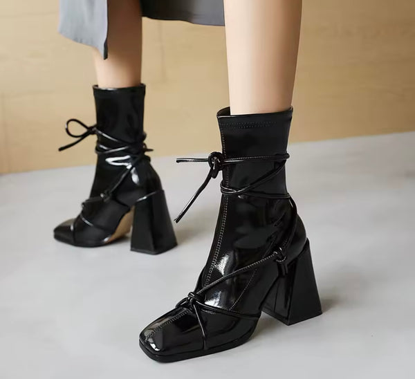 Women Fashion Color Patent Leather Lace Up Ankle Boots