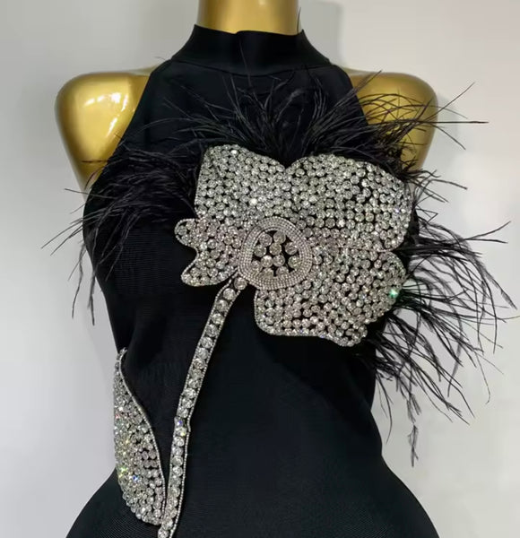 Women Black Rhinestone Flower Sleeveless Sexy Dress