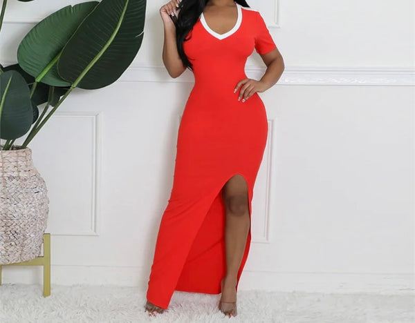 Women Sexy Striped Short Sleeve Side Split Maxi Dress