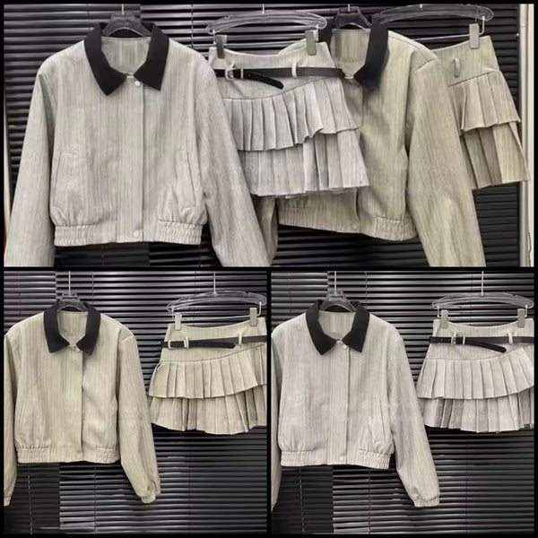 Women Fashion Jacket Two Piece Ruffle Pleated Skirt Set