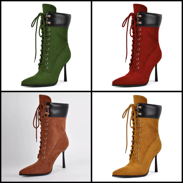 Women Fashion Color Pointed Toe Lace Up High Heel Ankle Boots