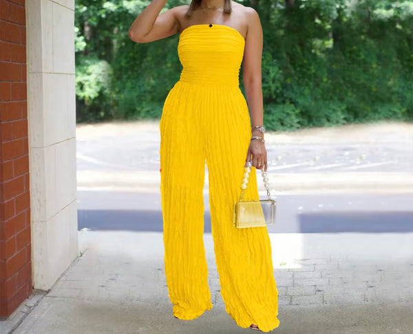 Women Sexy Strapless Color Pleated Jumpsuit