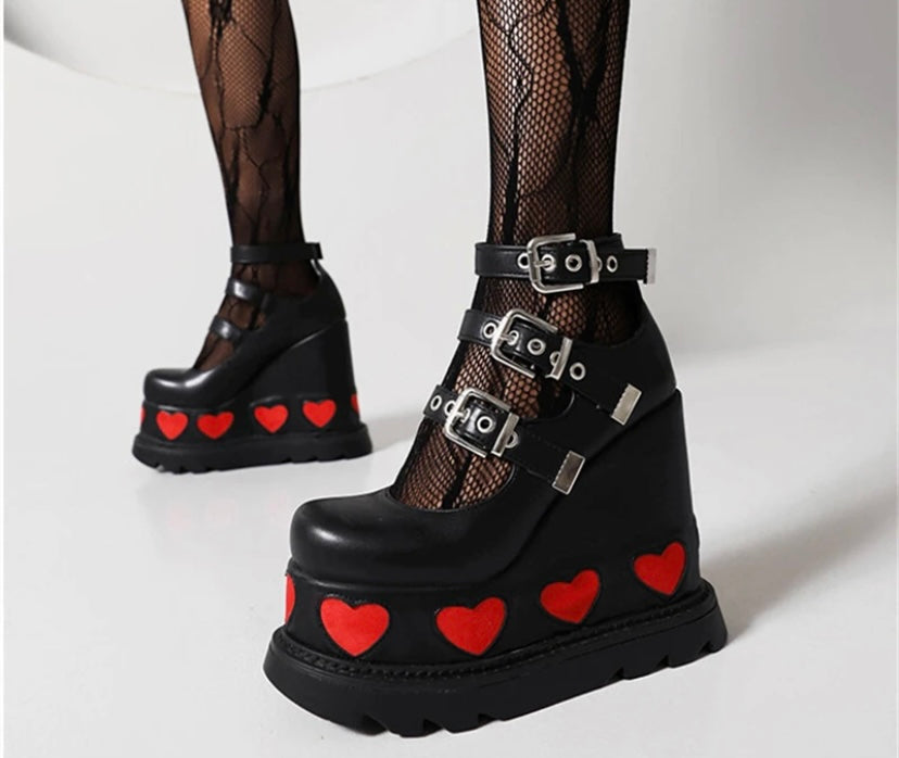 Women Fashion Buckled Heart Platform Shoes