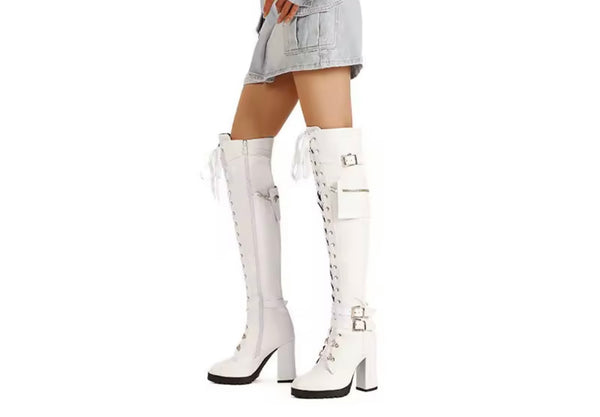 Women Fashion Pocket Buckled Lace Up Platform Knee High Boots