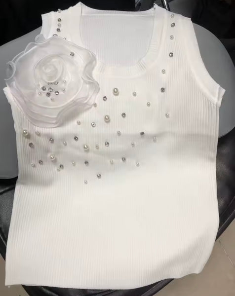 Women Sleeveless Floral Pearl Rhinestone Ribbed Tank Top