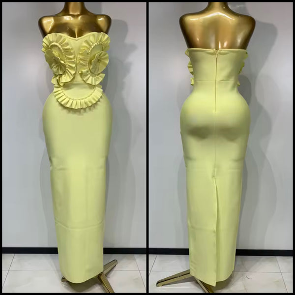 Women Sexy Ruffled Strapless Yellow Maxi Dress