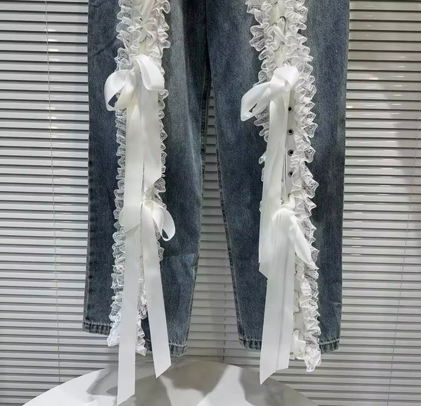 Women Fashion White Lace Bow Denim Pants