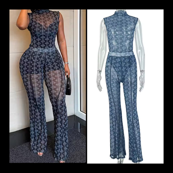 Women Sexy Sleeveless Printed See Through Two Piece Pant Set