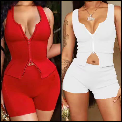 Women Sexy Sleeveless Double Zipper Two Piece Short Set