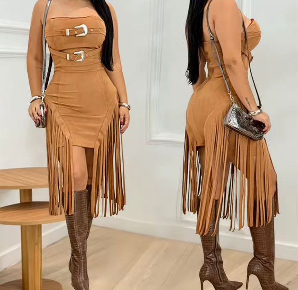 Women Sexy Buckled Strapless Fringe Tassel Suede Dress