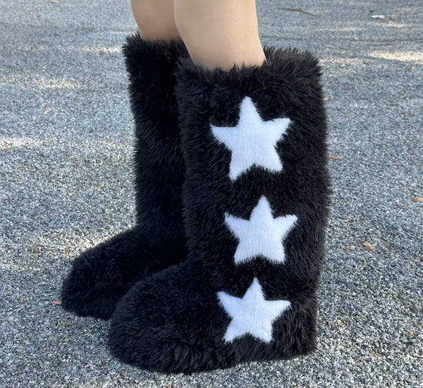 Women Fluffy Fashion Star Print Faux Fur Boots