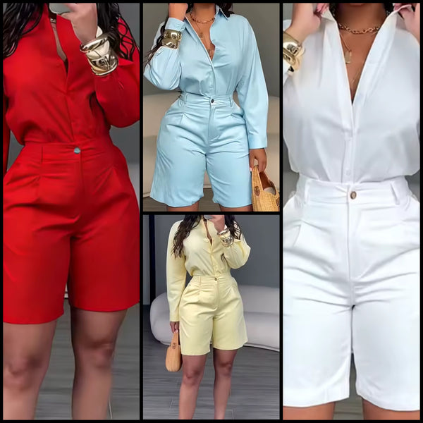 Women Color Fashion Button Up Two Piece Short Set