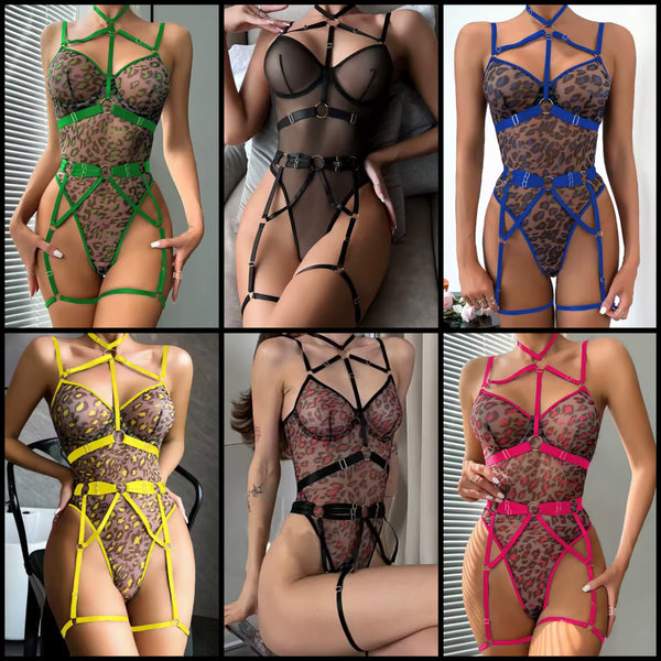 Women Sexy Color Leopard Print Mesh Bodysuit Lingerie
