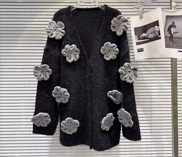 Women Black Fashion Button Up Gray 3D Floral Cardigan Sweater