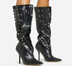 Women Fashion Rivet Patchwork Knee High Boots