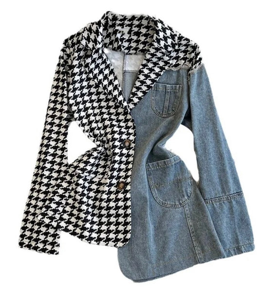 Women Fashion Houndstooth Denim Patchwork Blazer Top