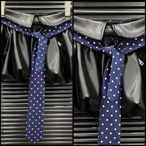 Women Sexy Fashion Black Faux Leather Polka Dot Tie Skirt
