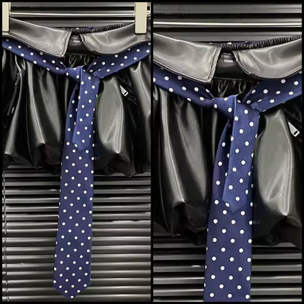 Women Sexy Fashion Black Faux Leather Polka Dot Tie Skirt