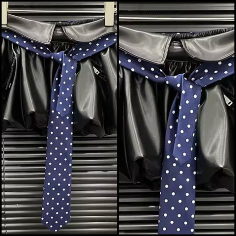 Women Sexy Fashion Black Faux Leather Polka Dot Tie Skirt