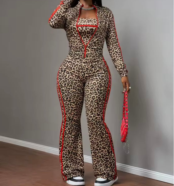 Women Leopard Striped Tracksuit Three Piece Pant Set