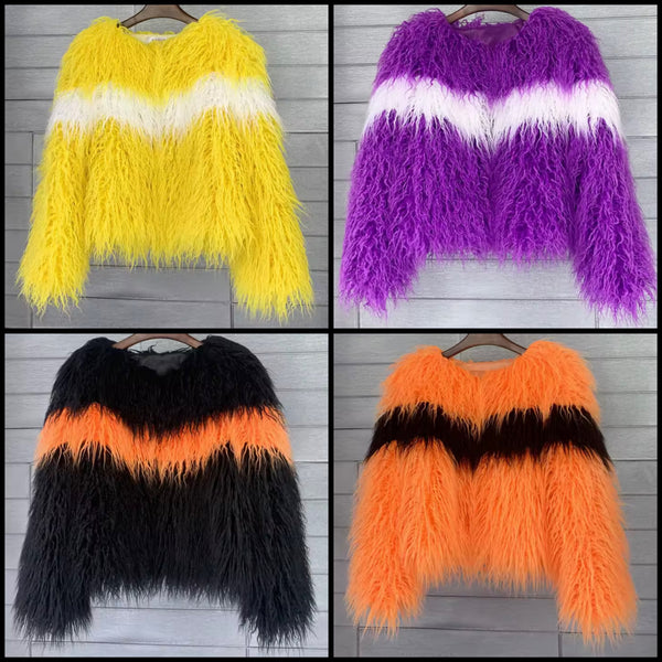 Women Fashion Color Patchwork Striped Faux Fur Sweater Top