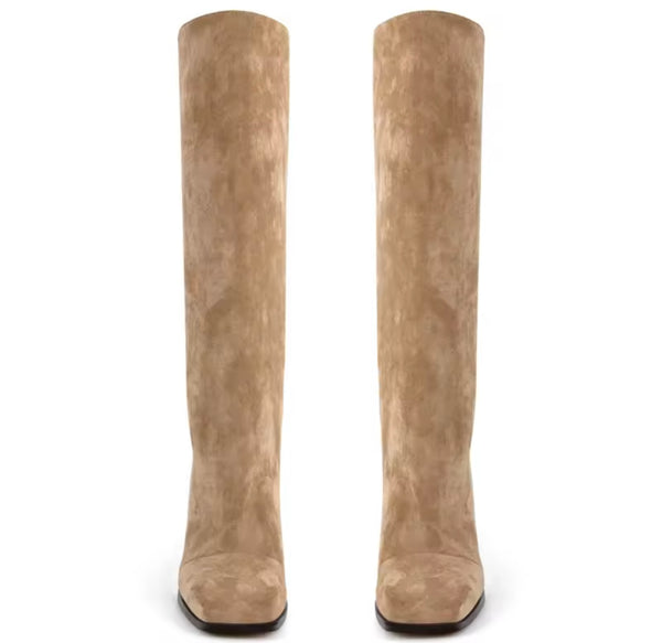 Women Fashion Color Square Toe Suede Knee High Boots