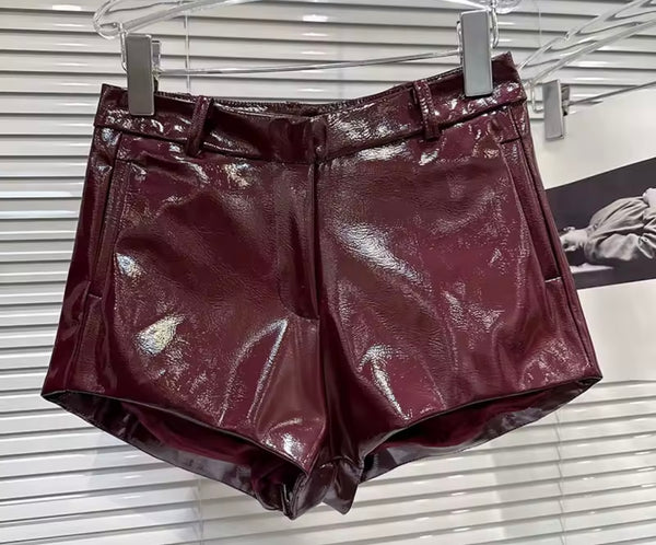 Women Burgundy Lace Patchwork Full Sleeve Two Piece PU Short Set