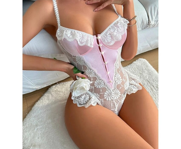 Women Sexy Sleeveless Pink Satin Lace Patchwork Bodysuit Lingerie