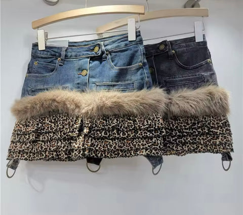 Women Fashion Faux Fur Leopard Denim Skirt